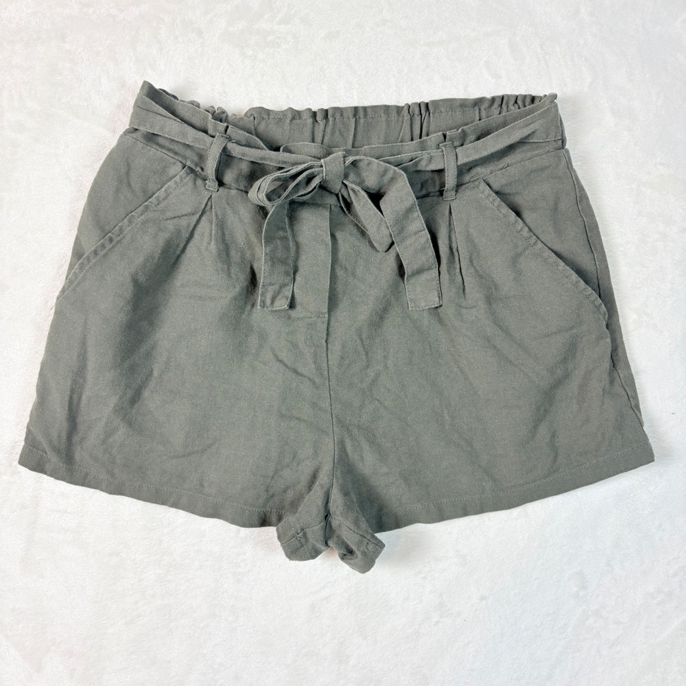 Simply Blessed Olive Green‎ Linen Blend Paperbag Waist Shorts Women Sz Large